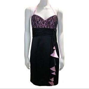 BETSEY JOHNSON EVENING Black/Pink Satin Sequin Ruffle Strapless Dress